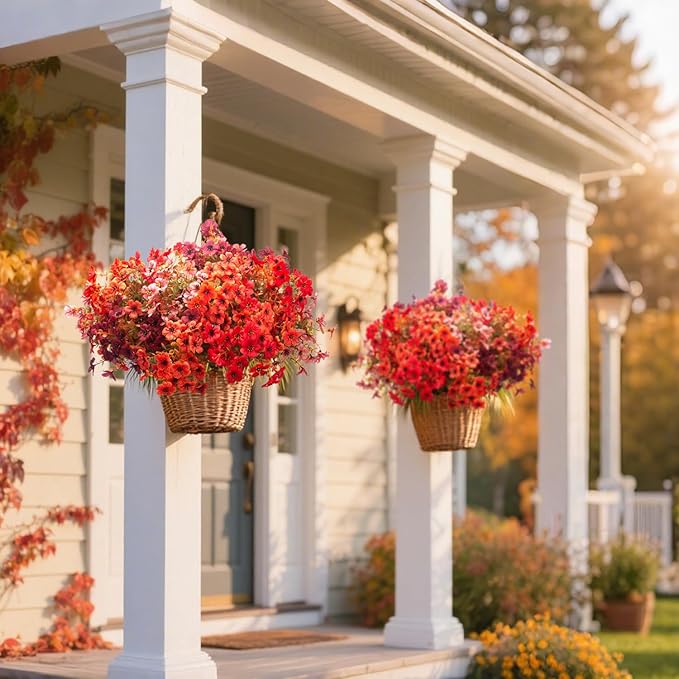 Grunyia 20 Bundles UV Resistant Artificial Fall Flowers - Fake Autumn Plants for Autumn Indoor Outdoor Garden Patio Fireplace Window Box Kitchen Home Decor (Fall Orange Mix)
