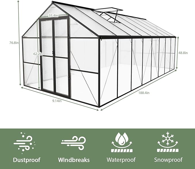 8 x 16 FT Outdoor Greenhouse, Heavy-Duty Polycarbonate Greenhouse with Aluminum Frame, Lockable Door, Adjustable Roof Vent, Walk-in Green House for Backyard, Garden, Patio