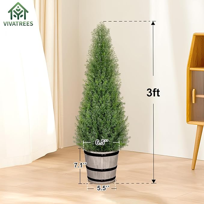 VIVATREES 3FT Artificial Cedar Topiary Trees with Rustic Barrel Planter, Outdoor Indoor Realistic Faux Pine Shrubs Plants, Fake Cypress Trees for Home Offices Porch Decor, Set of 2