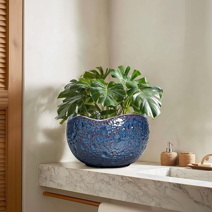 Thirtypot 10 Inch Plant Pot - Ceramic Planter for Indoor Outdoor, Round Bonsai Pots, Decorative Flower Pots with Drainage Hole, Modern Unique Planters, House Decor, Home Gifts, Retro Blue