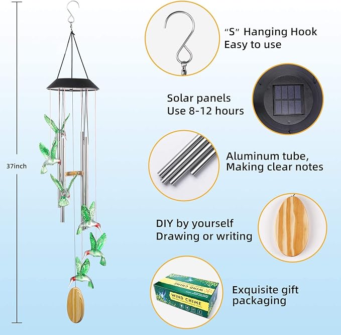 DesGully Wind Chimes,Hummingbird Solar Wind Chimes for Outside,Aluminum Tubes Memorial Wind Bell for Garden/Patio Decor Thanksgiving Gifts for Mom, Wife, Grandma Neighbors(25 Inch Deep Tone)
