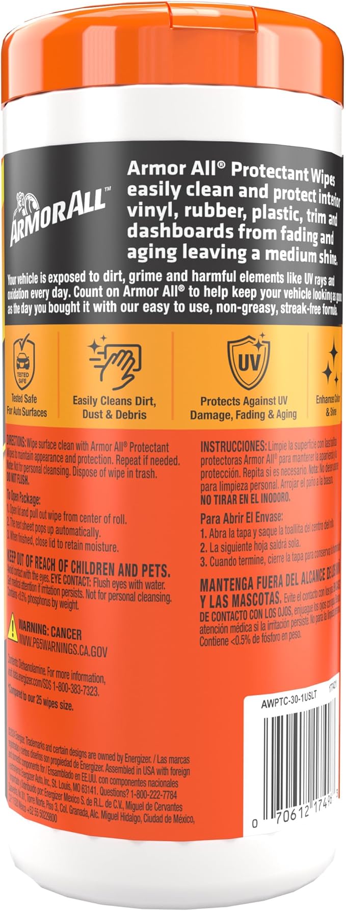 Armor All Original Protectant Wipes,Car Interior Cleaner Wipes with UV Protection to Fight Cracking & Fading,30 Count (Pack of 4)