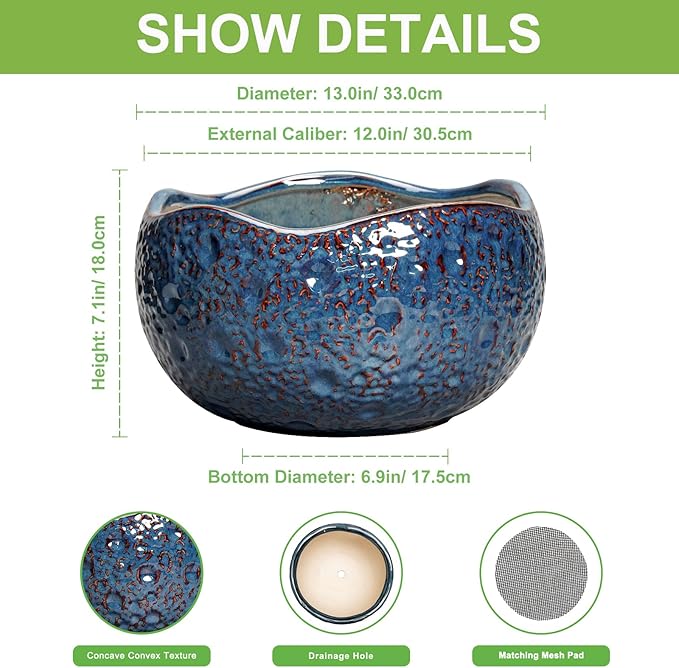 Thirtypot Bonsai Pots - 13 Inch Large Ceramic Planter for Indoor Outdoor, Round Decorative Plant Pots with Drainage Hole, Modern Unique Flower Pots, Patio Decor, Housewarming Gifts, Retro Blue