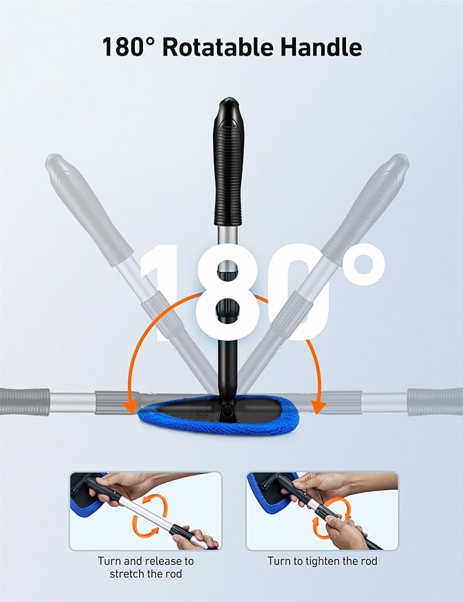 AstroAI Windshield Cleaner Tool, Car Interior Window Detailing Cleaning Kit with Extendable Handle and 4 Easy-to-Install Reusable Microfiber Pads, Auto Glass Wiper Brush Kit for Car&Home, Blue, 21in