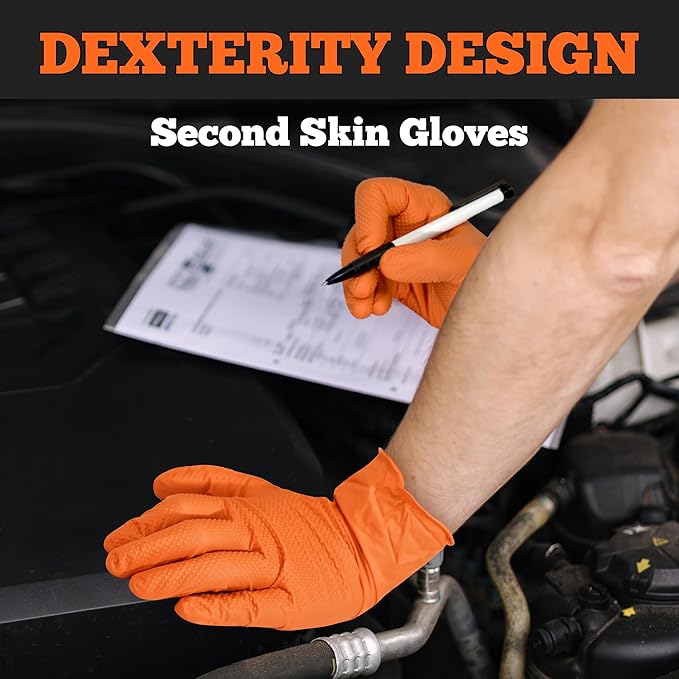 TitanFlex Heavy Duty Orange Industrial Nitrile Gloves with Raised Diamond Texture, Latex Free (6mil/8mil)