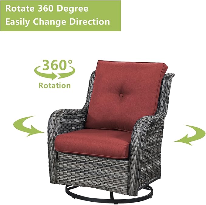 Rilyson Wicker Patio Furniture Set - 5 Piece Rattan Outdoor Sectional Conversation Sets with 2 Rocking Swivel Chairs,2 Ottomans and 1 Loveseat for Porch Deck Garden(Mixed Grey/Red)