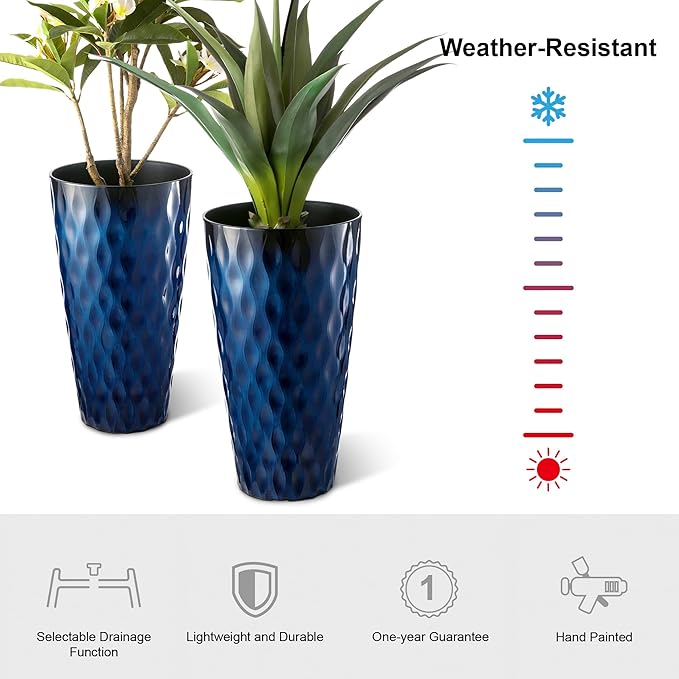 Glitzhome 23.75" H Tall Planter, Set of 2 Wavy Texture Cobalt Blue Large Tall Outdoor Planters, with Drainage Hole, Plastic Large Round Decorative Flower Plant Pot for Indoor, Front Porch