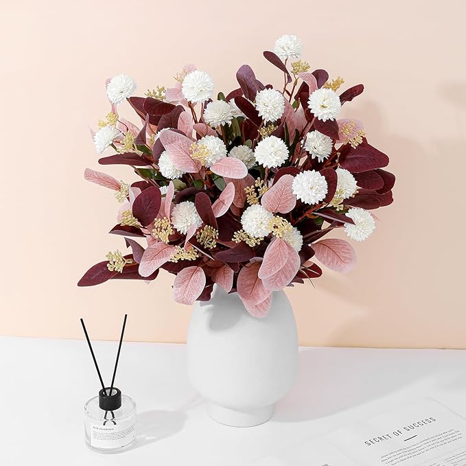 Fake Flowers for Vase, 15 pcs Faux Silk Pompom Mum Artificial Flowers with Eucalyptus Stems, Mini Floral Long Stem Arrangements for Home Decor, Wedding, Table Centerpieces DIY Floral Designs