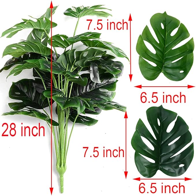 CLONG Artificial Palm Leaves Plants Faux Fake Monstera Turtle Leaf Tropical Large Palm Tree Leaves Plant Outdoor UV Resistant Plastic Plants (2 Pcs, Green)