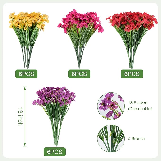 Stymedeca Artificial Flowers for Outdoor Faux Plants for Spring Summer Decoration, UV Resistant Realistic Silk Plastic Fake Flowers Garden Porch Patio Balcony Yard Front Home Decor, 24 Bundles