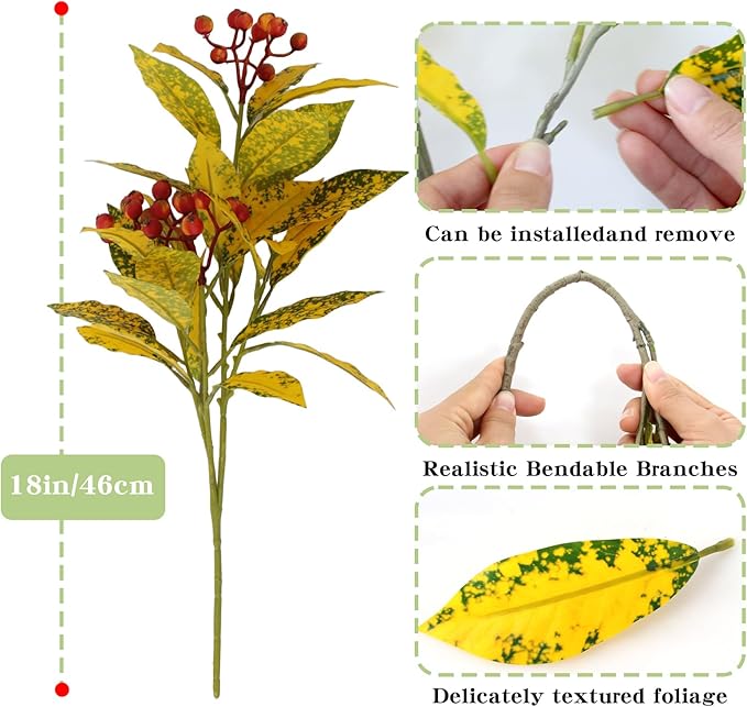 3 Pcs Artificial Autumn Plants, 18" Faux Greenery Fall Leaves Branches for Vase Fake Red Berry Plants Stems Indoor for Table Fireplace Cabinet Livingroom Kitchen Festivals Home Decor (Late Autumn)