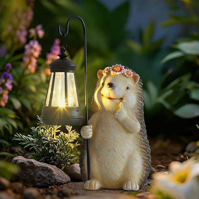 Ploxoiven Garden Hedgehog Gnome Statue Decorations - Solar Resin Hedgehog with Solar Garden Lights Outdoor Decorations for Patio,Yard,Lawn,