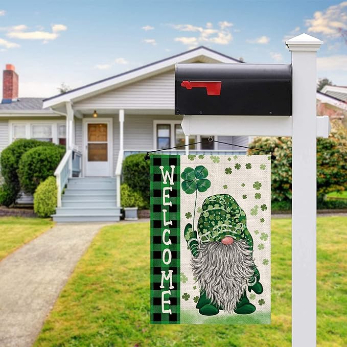 St Patricks Day Garden Flag Green Gnome Shamrocks Vertical Double Sided Burlap Flag Welcome St.Patrick's Day Holiday Yard Outdoor Decor 12.5 x 18 Inch