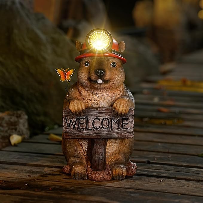 Groundhog Welcome Garden Statue with Solar Headlamp – Funny Animal Outdoor Yard Decor with LED Light and Butterfly – Waterproof Resin Garden Ornament for Patio, Lawn, Pathway