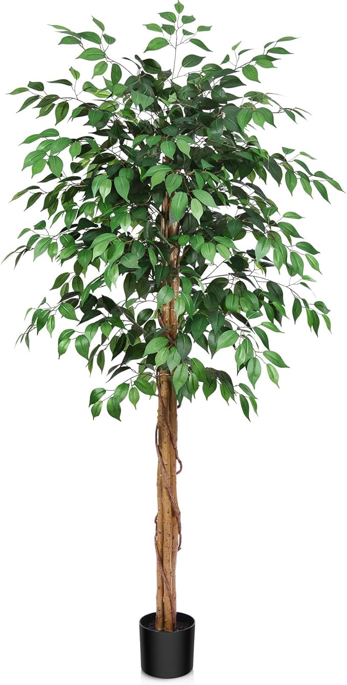 6ft Ficus Artificial Trees with Realistic Leaves and Trunk, Silk Fake Ficus Tree with Plastic Nursery Pot, Faux Ficus Tree for Office Home Farmhouse for Indoor Outdoor Decor(Set of 1)