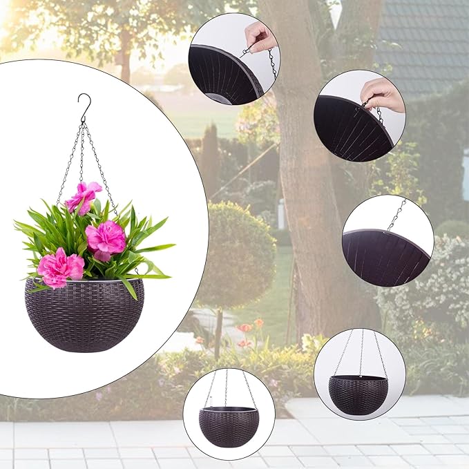 Vencer 11 Inch Round Resin Rattan Hanging Planters,Self Watering Hanging Basket for Indoor Outdoor Plants,Hanging Flower Pots with Drain Hole and Metal Chain,Water Indicator,Coffee,VF-A15-C