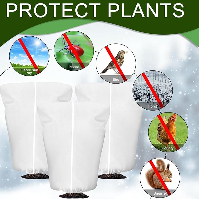 EYNDYN 4 Pcs Plant Covers Frost Protection Bag 71" x 47" Winter Reusable Plants Jacket with Drawstring Shrub Protection Wraps Bags Frost Blanket for Winter Outdoor Garden Plants