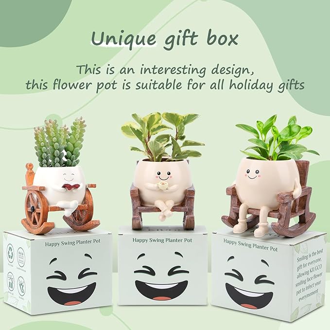 KIUGCO Smily Face Planter Pot, Cute Resin Flower Head Planters for Indoor Outdoor, Unique Sitting Rocking Chairs Succulent Pots, Cute Plant Gifts for Plant Lovers