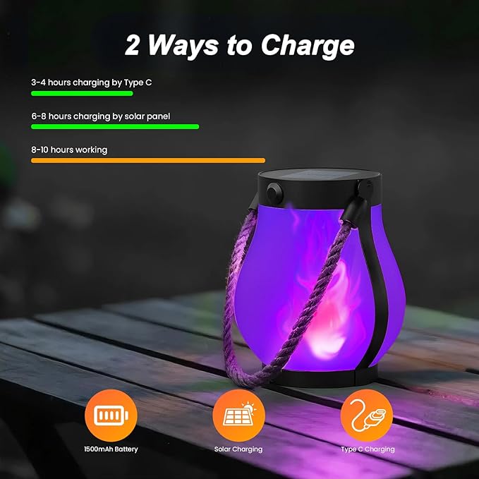 Hompavo Gen2 Solar Lanterns Outdoor with Ultra-Real Flame, Dual Charging (USB/Solar) & 2 Modes - Waterproof Decorative Hanging/Table Lights for Patio Garden Halloween Decorations, 2/Purple
