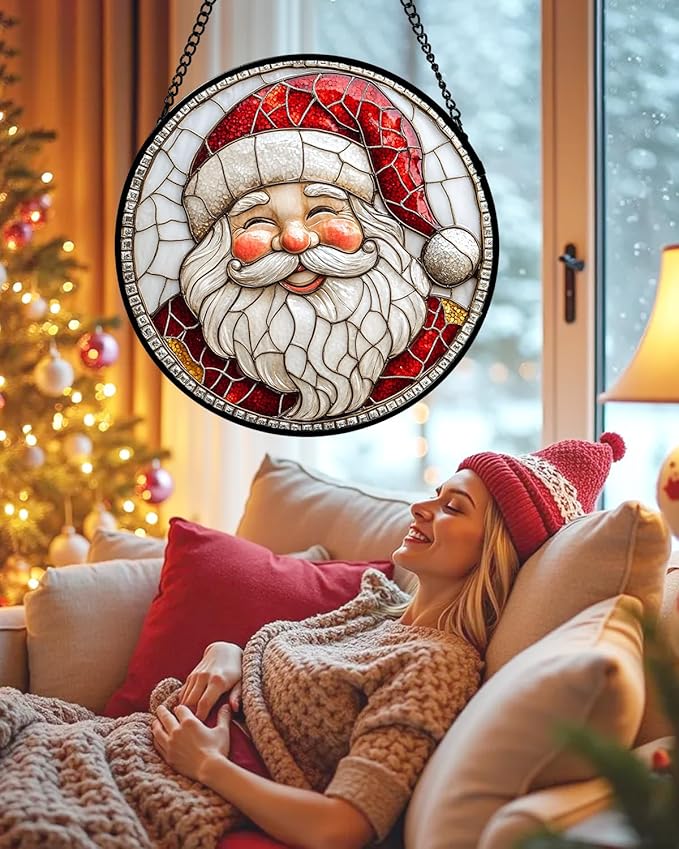 HWRHTR Stained Glass Window Hanging - Red White Santa Claus Suncatcher for Doors Home Christmas Decoration Winter Sun Catcher Thanksgiving New Year Birthday Gifts for Women Men Mom Nana Girl 9.8 in