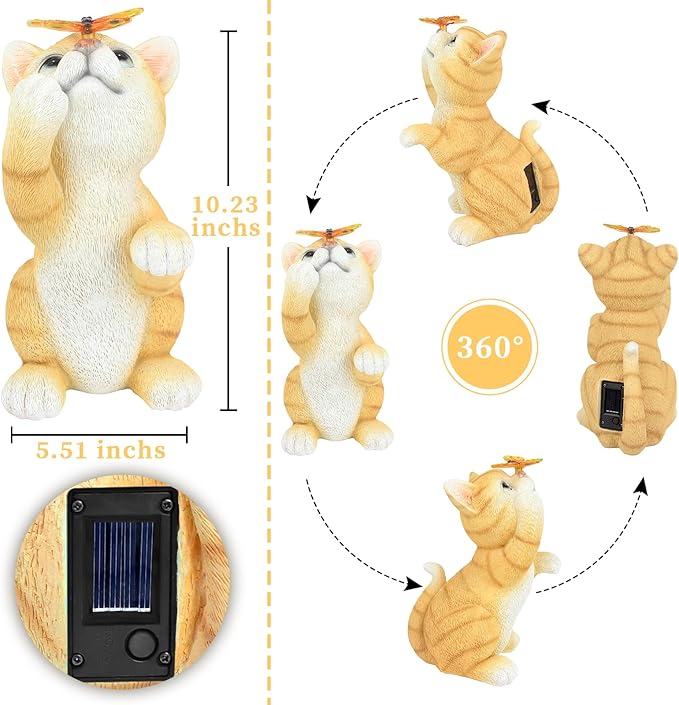 PaLuQiYa Solar Garden Statue Cat Figurine,Resin Cat Statue Playing Butterfly,Outdoor Decoration for Patio,Balcony,Yard, Lawn-Unique Housewarming Gift for Garden Mom Grandma