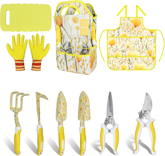 iHansee 10-Piece Yellow Gardening Tools, Thanksgiving/Christmas/White Elephant Gifts for Women Adults, Birthday Gardening Gifts for Mom Grandma Gardener Wife, Floral Garden Tool Sets with Garden Tote