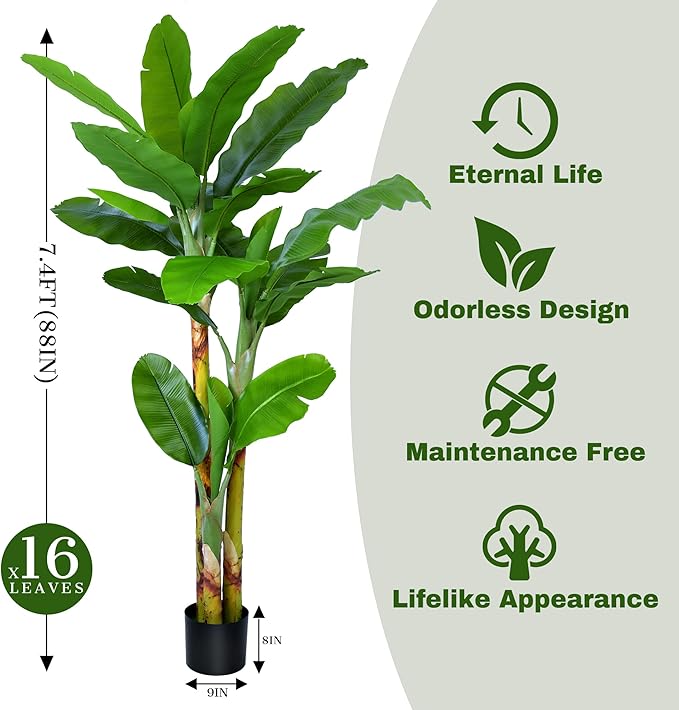 Artificial Banana Tree 7.4ft(88in) Tall Faux Banana Leaf Plant with 16 Leaves, Fake Realistic Tropical Plants Perfect for Home Garden Yard Patio Living Room Decor Indoor (7.4feet,1Pack)
