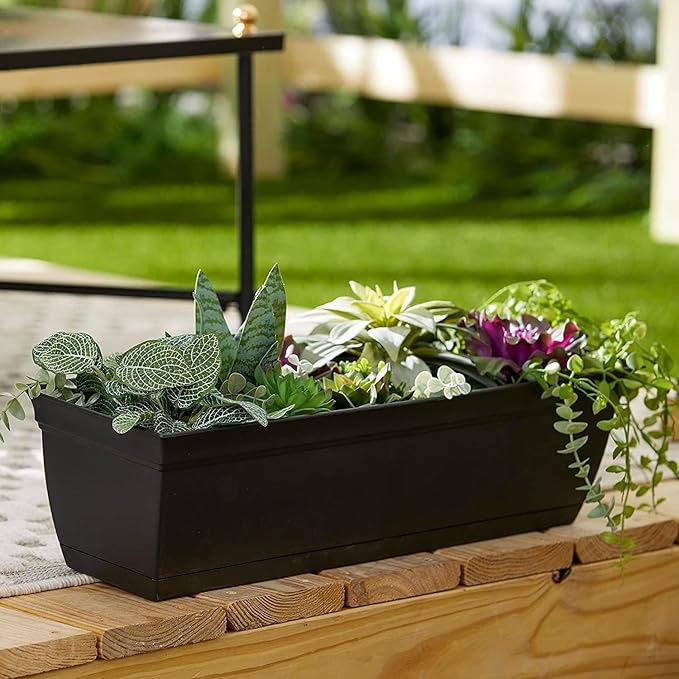 The HC Companies 30 Inch Eclipse Window Planter Box with Drainage Holes & Attached Saucer, Lightweight UV-Resistant Plastic Indoor & Outdoor Planters, 2-Pack Flower Box for Garden & Home Decor, Black