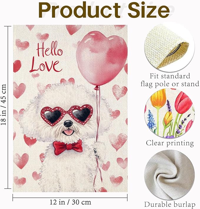 Valentine's Day Bichon Frise Hello Love Garden Flag, House Yard Plaid Love Heart Outside Decoration, Spring Holiday Wedding Anniversary Outdoor Small Decor 12x18(12621)