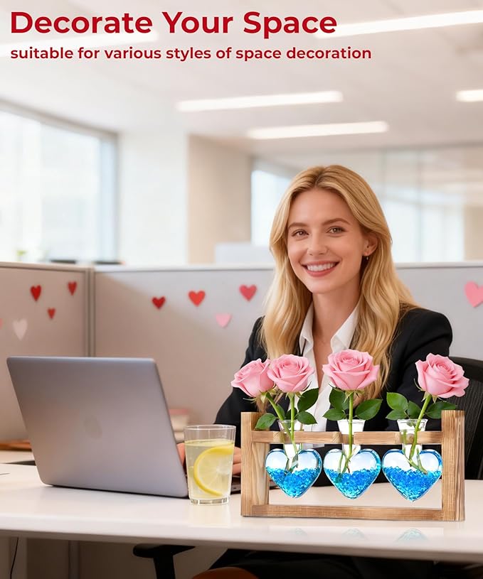 Nacome Plant Terrarium Propagation Stations: Valentines Day Gifts for Her Plant Lovers Women Mom Wife Daughter - 3 Bulb Glass Vase with Wooden Stand Tabletop for Hydroponics Indoor Office Home Decor
