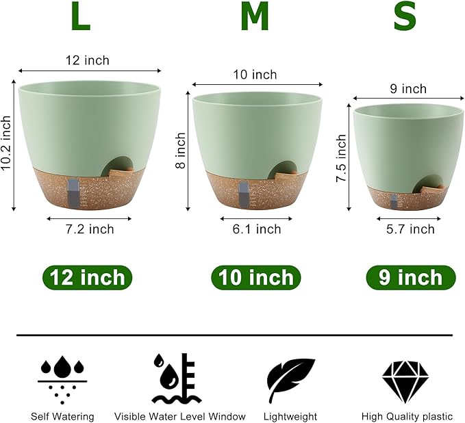Self-Watering Plant Pots with Water Level Indicator, Drainage Holes & Saucers – 12/10/9 Inch Large Plastic Planter Set for Indoor & Outdoor Plants (Green)