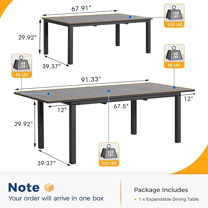 Wisteria Lane Aluminum Outdoor Dining Table, 68"-91.5" Adjustable Length Oversized Patio Table for 6-10 People, All-Weather Extendable Patio Dining Table with Adjustable Feet for Deck Balcony Garden