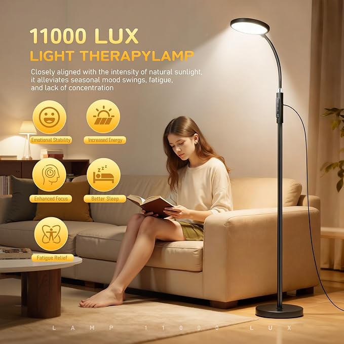 Light Therapy Lamp, 11000 Lux UV-Free Floor Lamp, Full Spectrum LED Sunlight with Touch Remote Control, Adjustable 7 Color Temperatures 9 Brightness Levels for Office Living Room Reading Black