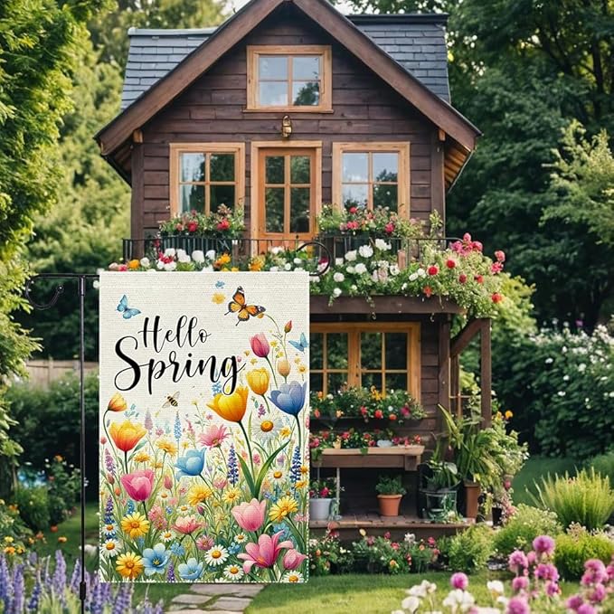 Hello Spring Summer Tulip Garden Flag 12x18 Inch Double Sided Bee Flowers Butterfly Colorful Floral Small Burlap Yard House Seasonal Farmhouse Outside Spring Decor Flags