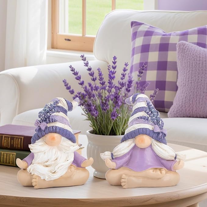 Hodao 2PCS Zen Lavender Meditation Gnomes Figurines Set- Yoga Themed Inspired Home Table & Shelf Decor for Relaxation & Serene Living Spaces Yoga Lavender Decor Retirement Gifts for Women (Purple)
