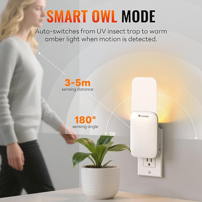 Mosalogic Indoor Fruit Fly Traps Smart Gnat Trap for House Indoor with Motion Sensor Night Light-3 Modes,Silent,600 Sqft Coverage,Catches Fruit Flies,Gnats,Moth, 1 Device with 5 Refills White