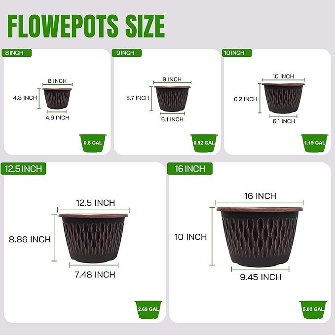 Usocik 4 Pack 9 Inch Retro Plant Pots, Vintage Striped Flower Pots with Drainage Hole & Saucer, Large Plastic Planters for Indoor and Outdoor Plants, Decorative Garden Pots(Copper)
