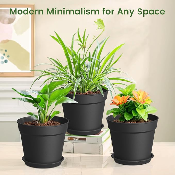 SwinDuck 10 Pack 6 Inch Plant Pots with Drainage and Saucers, Black Plastic Flower Pots for Indoor and Outdoor Plants, Stackable Nursery Planters for Houseplants and Herbs, Black