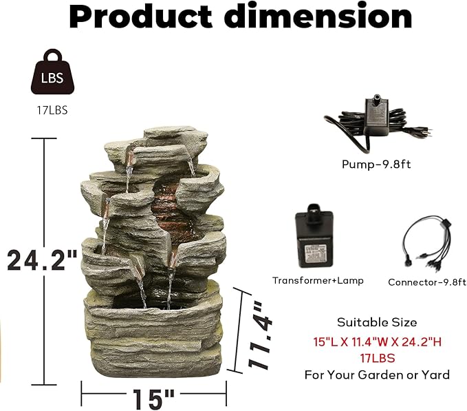 24.2" H Rock Cascading Water Fountain Outdoor&Indoor, 6-Tier Garden Naturefalls Fountains, Floor-Standing Waterfall with Lights for Patio, Backyard, Deck, Porch, Home DéCor, Stone Gray