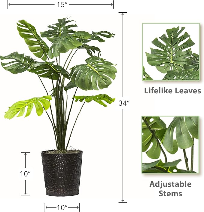 LCG Florals 2.8ft Faux Monstera Deliciosa - Realistic Fade Resistant Foilage, No Maintenance, Large Indoor Artificial Plant in Copper Metal Pot - Living Room, Home & Office Decor
