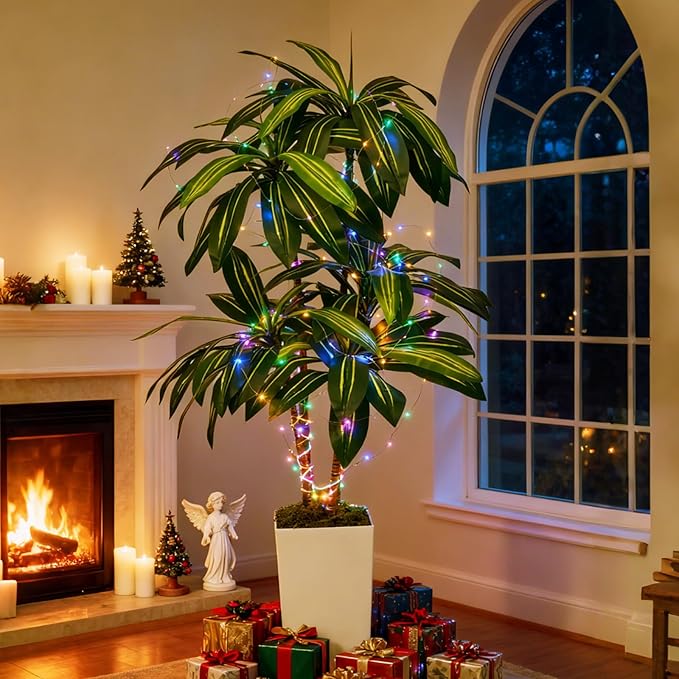 Artificial Dracaena Plant 5FT - Fake Tree with Tall Planter and Fairy Lights, Artificial Trees Faux Yucca Plants Indoor, Fake Plants for Home Office Living Room Decor Christmas