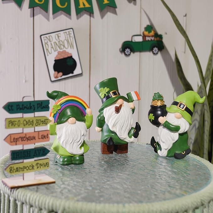 St Patrick's Day Decorations Gnome-Figurines - Set of 3 Gnome Statue with Shamrock Pot of Gold Resin St. Patricks Day Faceless Dolls Farmhouse Décor for Tabletop Home 3*2.75*4.5 in Newman House Studio