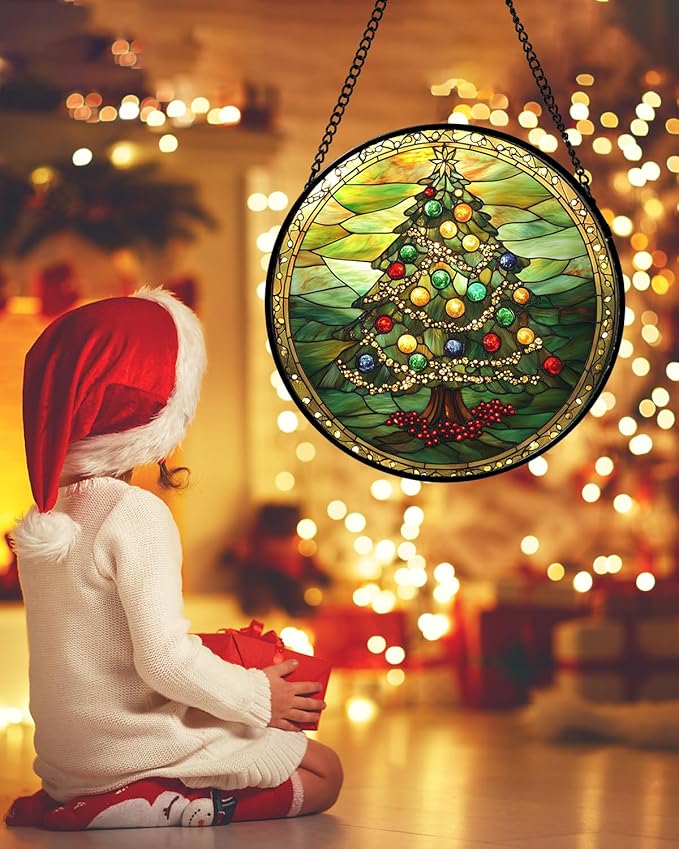 DASTOLL Stained Glass Window Hanging - Green Christmas Tree Gold Ribbon Suncatcher for Doors Home Christmas Decoration Sun Catcher Thanksgiving New Year Birthday Gifts for Women Men Mom Nana 15 in