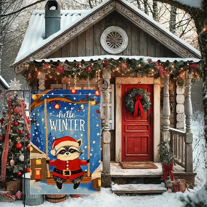 Hello Winter Garden Flag 12x18 Inch Double Sided Burlap Cute Raccoon in Santa Suit on Swing Christmas Holiday Outdoor Decor for Yard Porch Lawn Winter House Decoration
