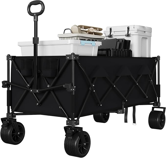 GarveeLife Heavy Duty Utility Beach Wagon Cart, Collapsible Wagon Beach with All Terrain Wheels, Extra Long WagonCart Foldable with Cup Holders for Sand