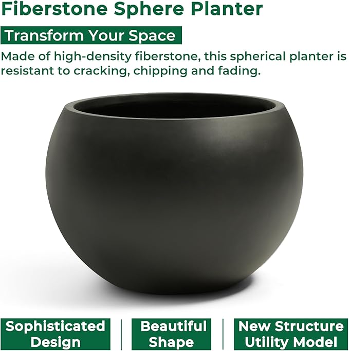 FloraFairy Fiberstone Sphere Planter, Black 19.3" Dia Large Flower Pot with Drainage Hole and Silicone Plug, Round Plant Container for Indoor or Outdoor, 15" Opening-13 H Large
