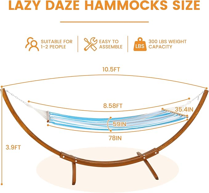 Lazy Daze Hammocks Cotton Fabric Spreader Bar Hammock and 10.5 Ft Wood Arc Hammock Stand Combo, for Indoor, Outdoor, Patio, Backyard, Blue and White
