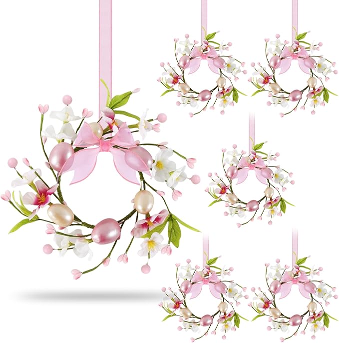 6 PCS Small Easter Wreaths for Kitchen Cabinet Mini Artificial Easter Egg Flower Wreath for Front Door Spring Summer Hanging Wreath with Pink Ribbon Berry for Home Porch Wall Window Farmhouse Decor