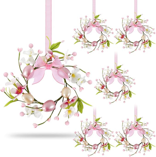 6 PCS Small Easter Wreaths for Kitchen Cabinet Mini Artificial Easter Egg Flower Wreath for Front Door Spring Summer Hanging Wreath with Pink Ribbon Berry for Home Porch Wall Window Farmhouse Decor