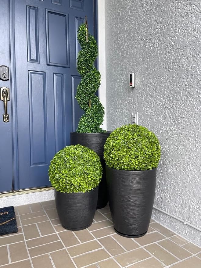 Floridis Plastic Plant Pot, Black, Set of 3 (11+17+25 inch) with Drainage Hole and Saucer. Outdoor and Indoor Set of Black planters for patios, Front Porch.